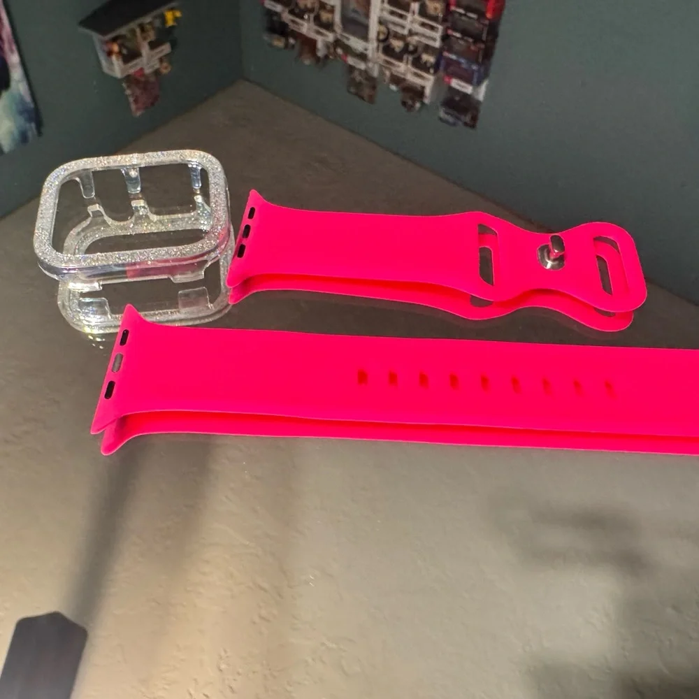 Neon Pink Replacement Silicone Watch Band with Glitter Protective Case